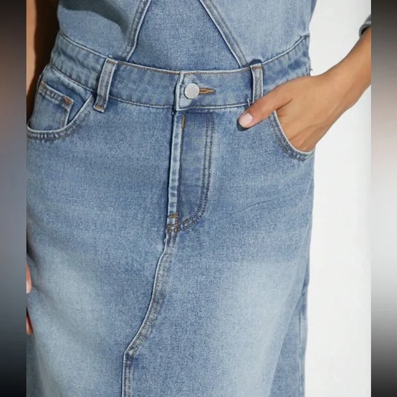 Western Medium Wash one shoulder Split Thigh Maxi Denim Dress - Picture 3 of 5